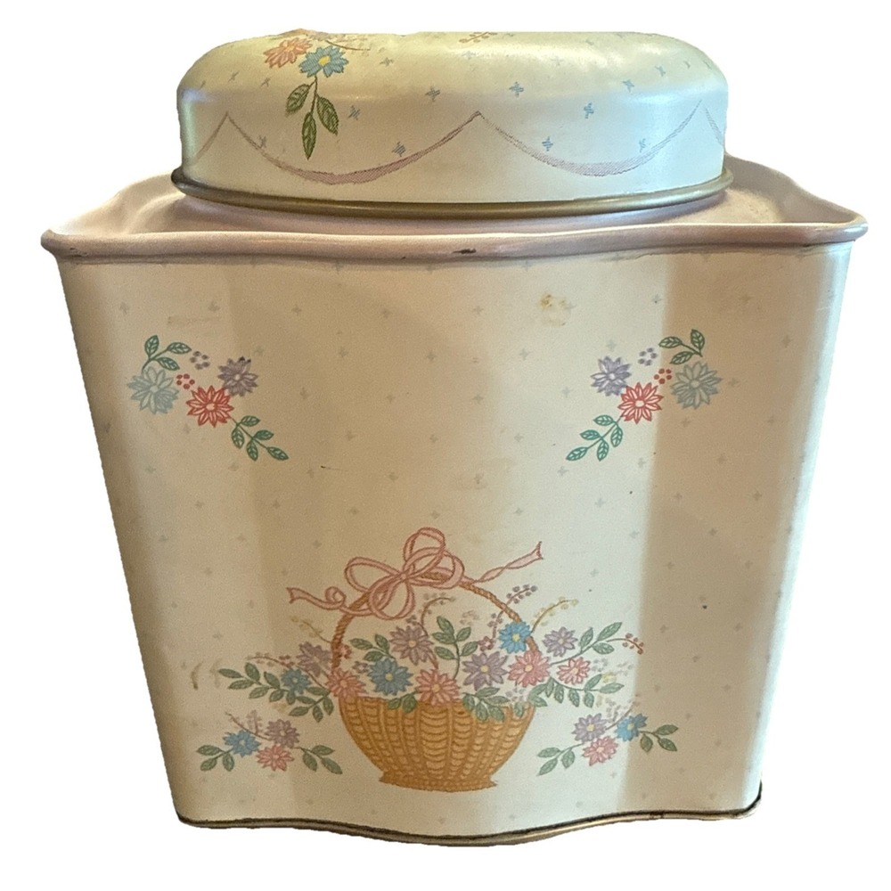 Vintage Decorative Tin Box Storage Container 4.4" Tall x 4" Wide Cream & Purple